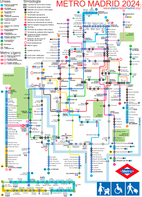 Madrid Underground schematic map 2024, all tube lines, version for passengers with mobility disabilities