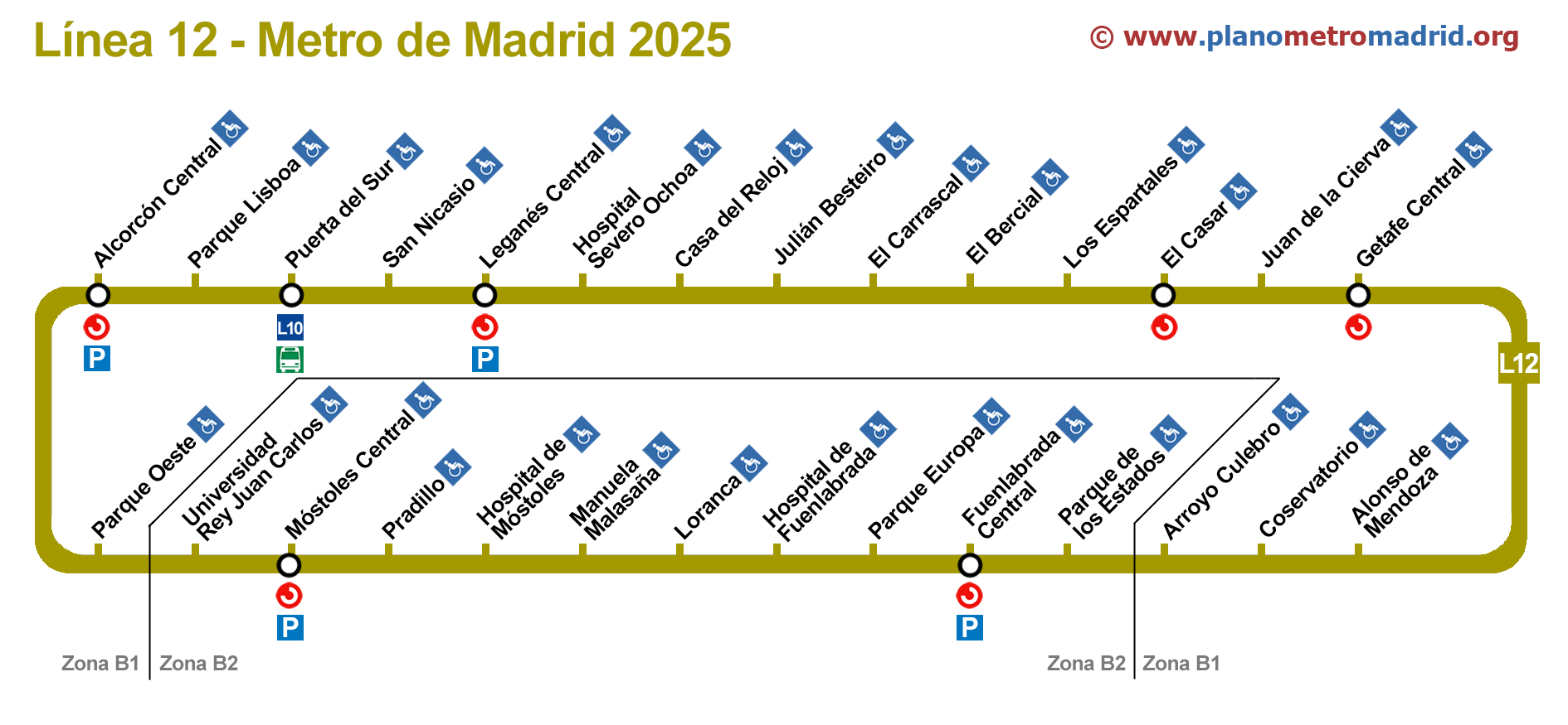 Línea 12 del metro de Madrid (Metrosur L12). Actualizado en 2022.