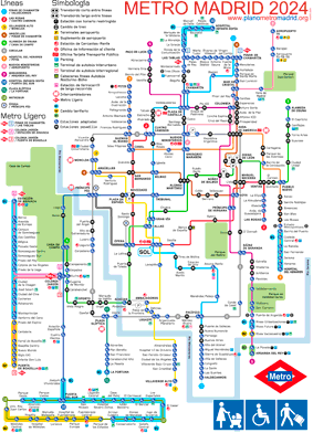 mapa metro Madrid esquemático 2024, con todas las lineas de metro, version para personas con discapacidad en sillas de ruedas